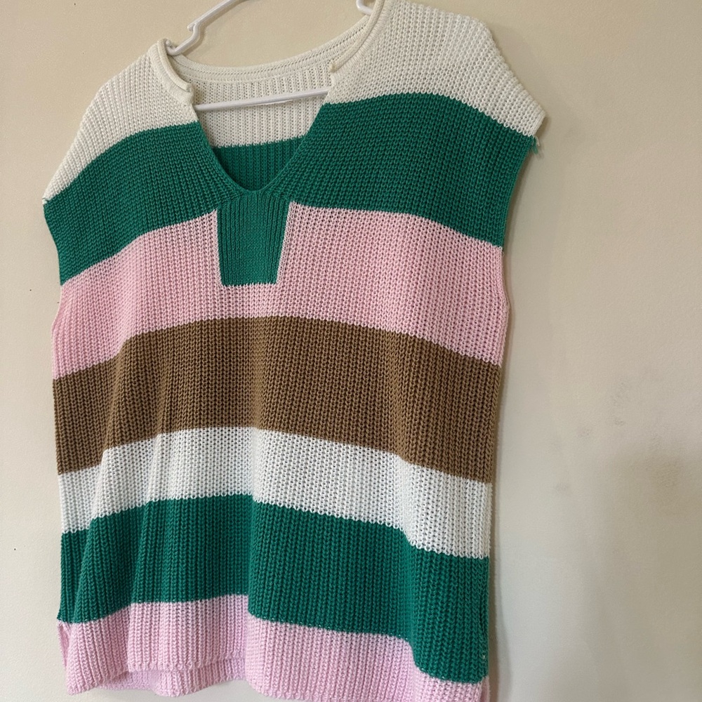 Striped V-Neck Knit Sweater T-Shirt in Green, Pink, Brown, White